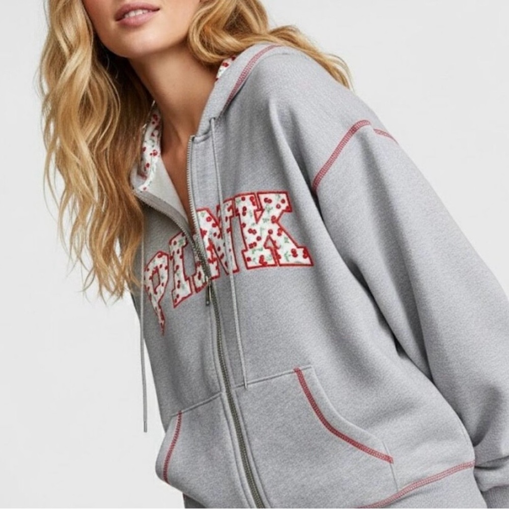 PINK FRANKIES x BERRY FULL ZIP HOODED SWEATSHIRT IN HEATHER GREY ON HAND SMALL